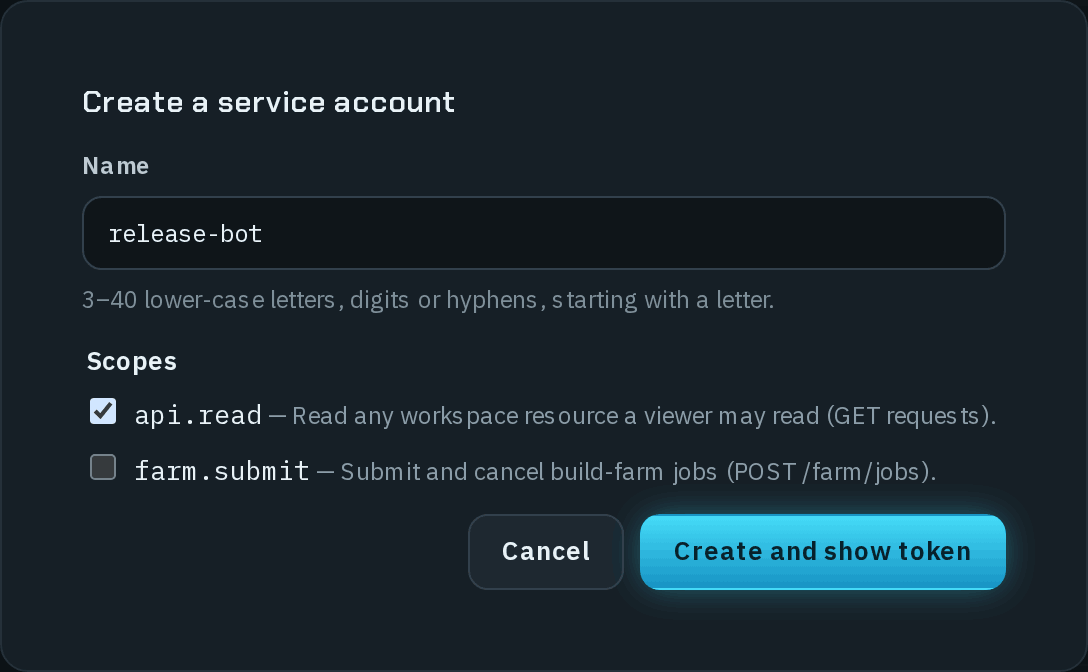 The Create a service account dialog with release-bot in the Name field and its hint 3–40 lower-case letters, digits or hyphens, starting with a letter.; under Scopes, api.read — Read any workspace resource a viewer may read (GET requests). is ticked and farm.submit — Submit and cancel build-farm jobs (POST /farm/jobs). is not; Cancel and Create and show token buttons.