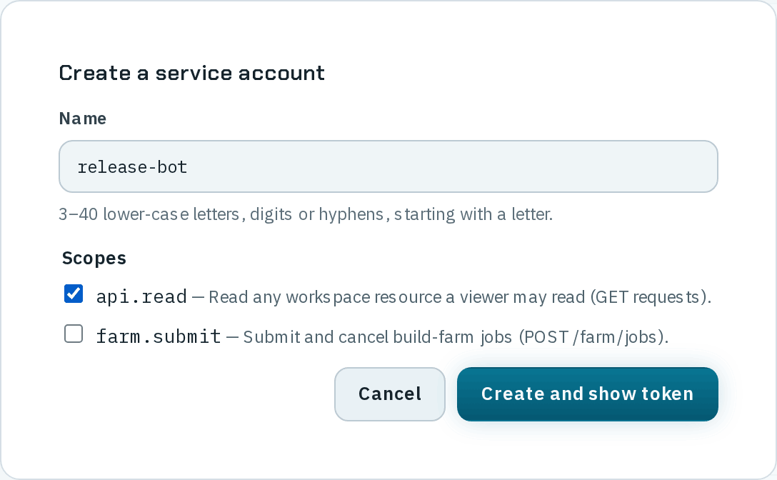 The Create a service account dialog with release-bot in the Name field and its hint 3–40 lower-case letters, digits or hyphens, starting with a letter.; under Scopes, api.read — Read any workspace resource a viewer may read (GET requests). is ticked and farm.submit — Submit and cancel build-farm jobs (POST /farm/jobs). is not; Cancel and Create and show token buttons.