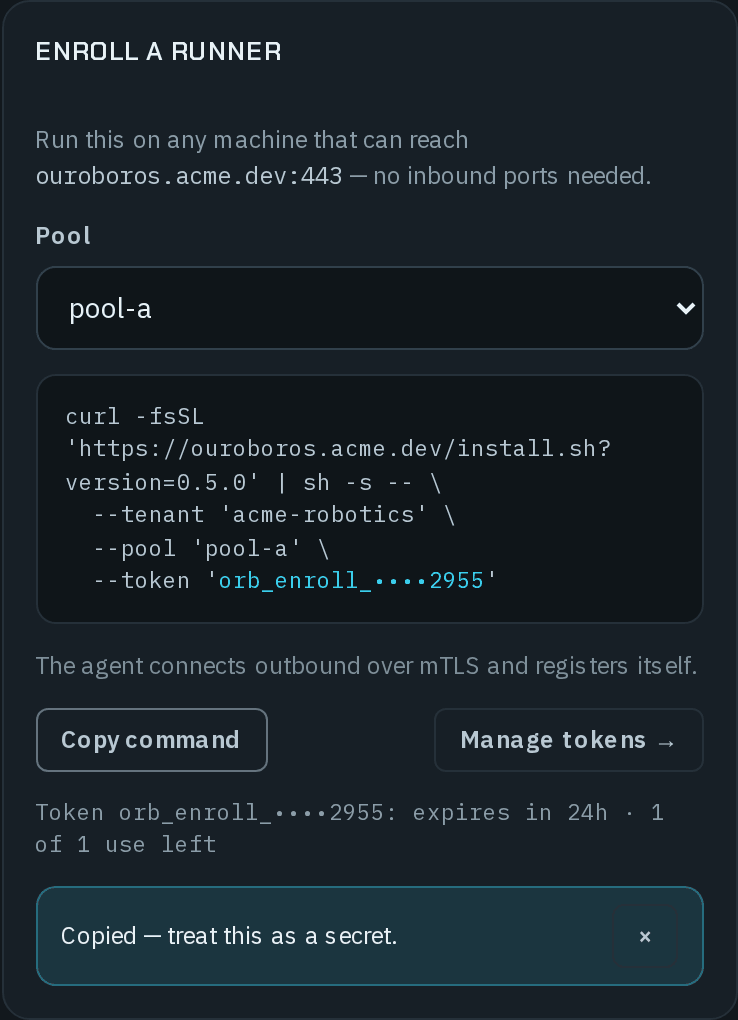 The Enroll a runner card after Copy command: Run this on any machine that can reach ouroboros.acme.dev:443, pool-a chosen, the command curl -fsSL 'https://ouroboros.acme.dev/install.sh?version=0.5.0' | sh -s -- with --tenant 'acme-robotics', --pool 'pool-a' and a masked --token, the line Token orb_enroll_••••0909: expires in 24h · 1 of 1 use left, and the notice Copied — treat this as a secret.