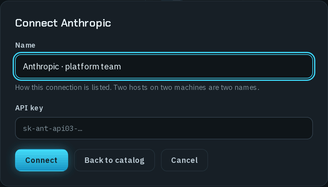 The Connect Anthropic form with Name filled as Anthropic · platform team and the hint How this connection is listed. Two hosts on two machines are two names., an empty API key field, and Connect, Back to catalog and Cancel buttons.
