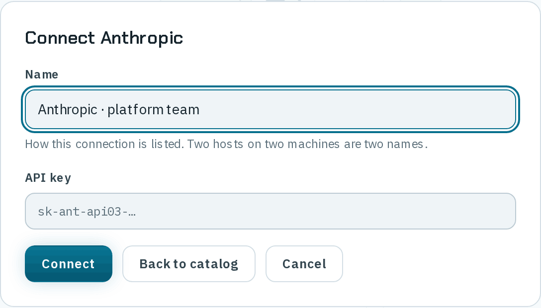 The Connect Anthropic form with Name filled as Anthropic · platform team and the hint How this connection is listed. Two hosts on two machines are two names., an empty API key field, and Connect, Back to catalog and Cancel buttons.