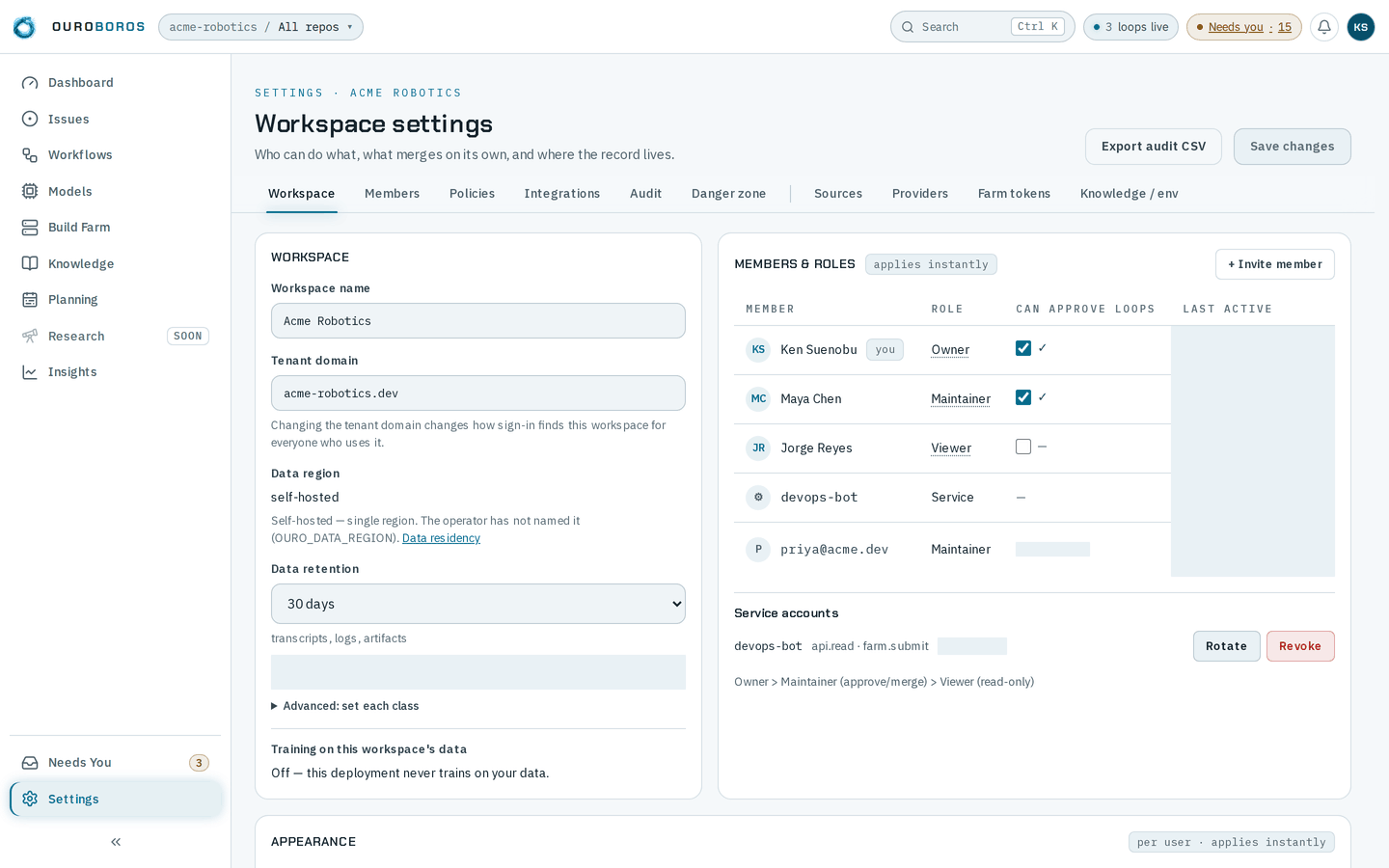 The Workspace settings page for Acme Robotics, headed Who can do what, what merges on its own, and where the record lives., with Export audit CSV and Save changes, and the tab row Workspace, Members, Policies, Integrations, Audit and Danger zone, then Sources, Providers, Farm tokens and Knowledge / env. Below it the Workspace card shows the workspace name, the tenant domain acme-robotics.dev, the self-hosted data region, 30 days of data retention and training switched off; the Members & roles card, marked applies instantly, lists Ken Suenobu as Owner and Maya Chen as Maintainer, both able to approve loops, Jorge Reyes as Viewer, the devops-bot service account and a pending Maintainer invitation for priya@acme.dev, above the footer Owner > Maintainer (approve/merge) > Viewer (read-only); the Appearance card begins underneath.
