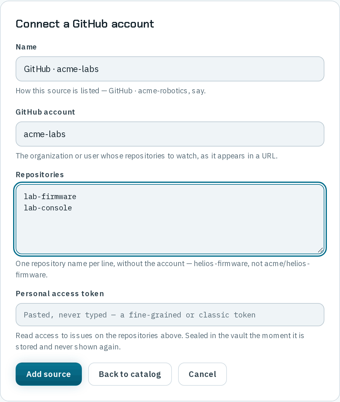 The Connect a GitHub account form: Name filled with GitHub · acme-labs and the hint How this source is listed — GitHub · acme-robotics, say.; GitHub account filled with acme-labs, the organization or user whose repositories to watch; Repositories listing lab-firmware and lab-console, one repository name per line without the account; an empty Personal access token field noting read access to issues, sealed in the vault the moment it is stored and never shown again; and Add source, Back to catalog and Cancel buttons.