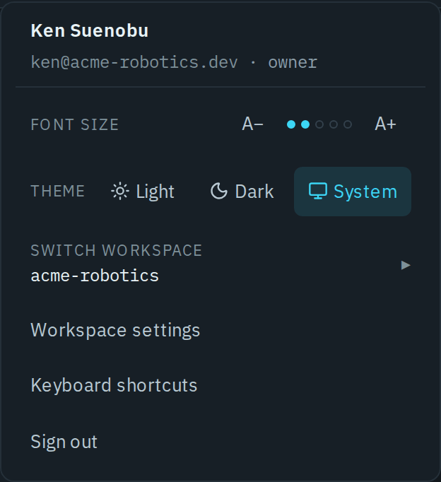 The account menu open under the avatar, showing your name and email, the Font size stepper, the Theme choices Light, Dark and System, and the Workspace settings, Keyboard shortcuts and Sign out items.