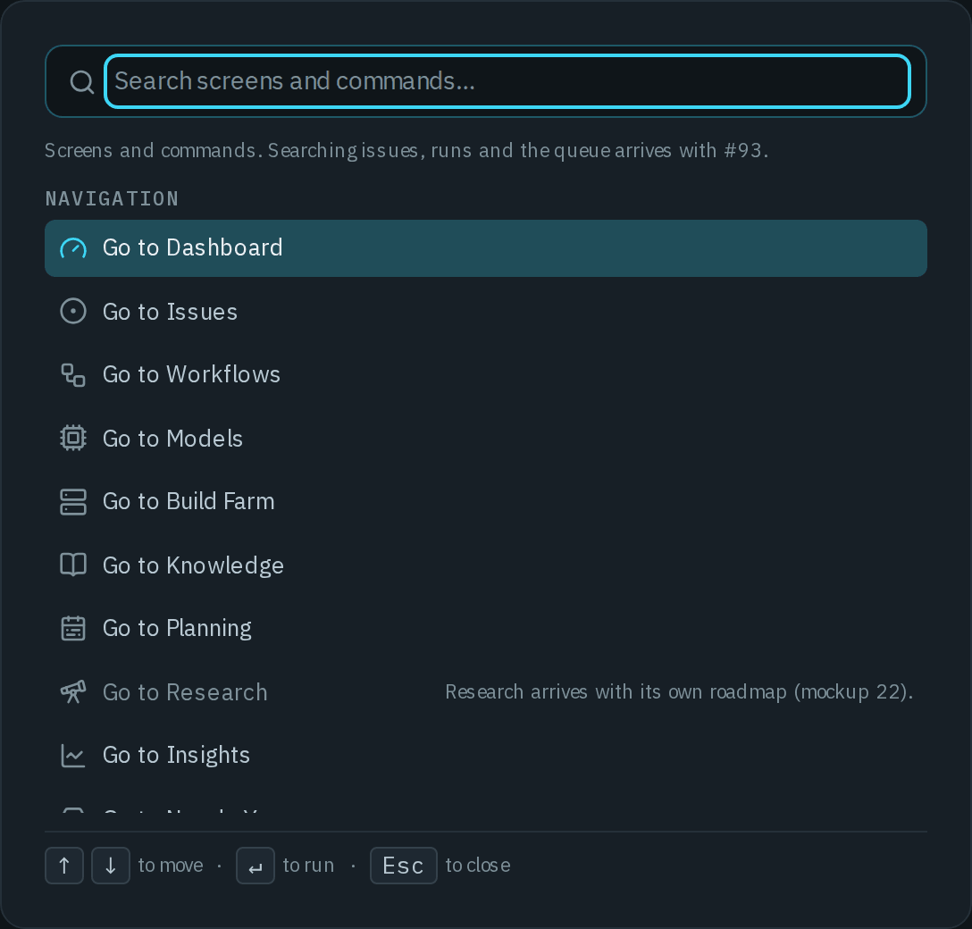 The search palette open, with the Search screens and commands field, the Navigation group of Go to commands and the Actions group with Toggle theme and Sign out.