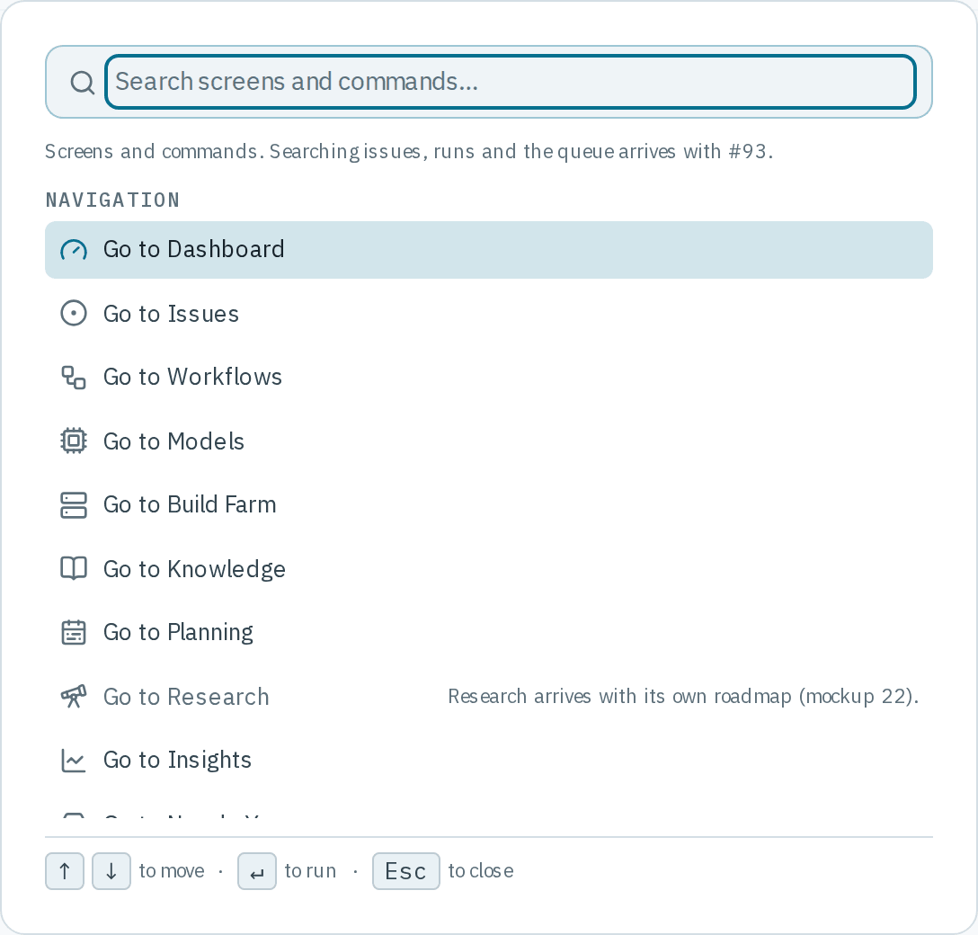 The search palette open, with the Search screens and commands field, the Navigation group of Go to commands and the Actions group with Toggle theme and Sign out.