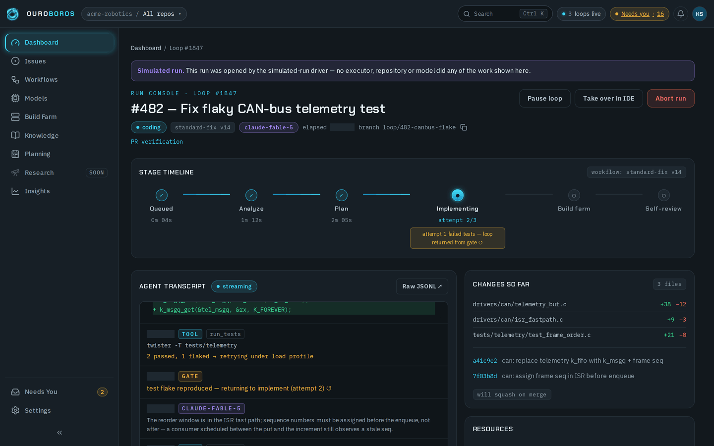 The run console for a loop fixing a flaky CAN-bus telemetry test: the stage timeline with three stages done and Implementing on attempt 2 of 3, the agent transcript, and three changed files.
