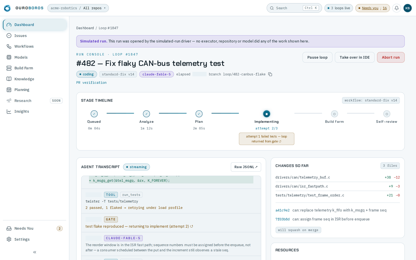 The run console for a loop fixing a flaky CAN-bus telemetry test: the stage timeline with three stages done and Implementing on attempt 2 of 3, the agent transcript, and three changed files.