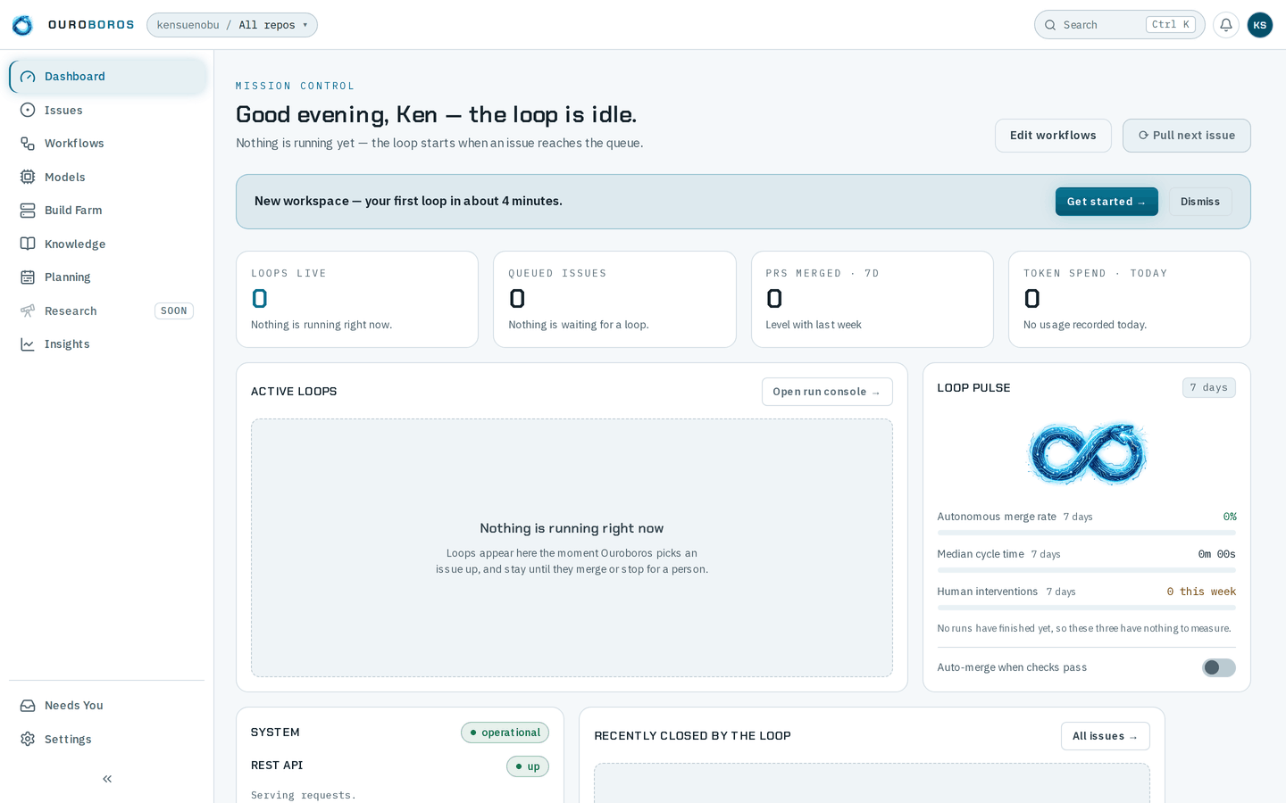 The Mission Control dashboard of a new workspace, with a banner reading New workspace — your first loop in about 4 minutes, and Get started and Dismiss buttons.
