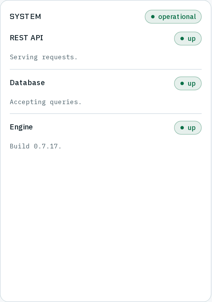 System, operational: REST API up, Serving requests.; Database up, Accepting queries.; Engine up, Build 0.7.17.