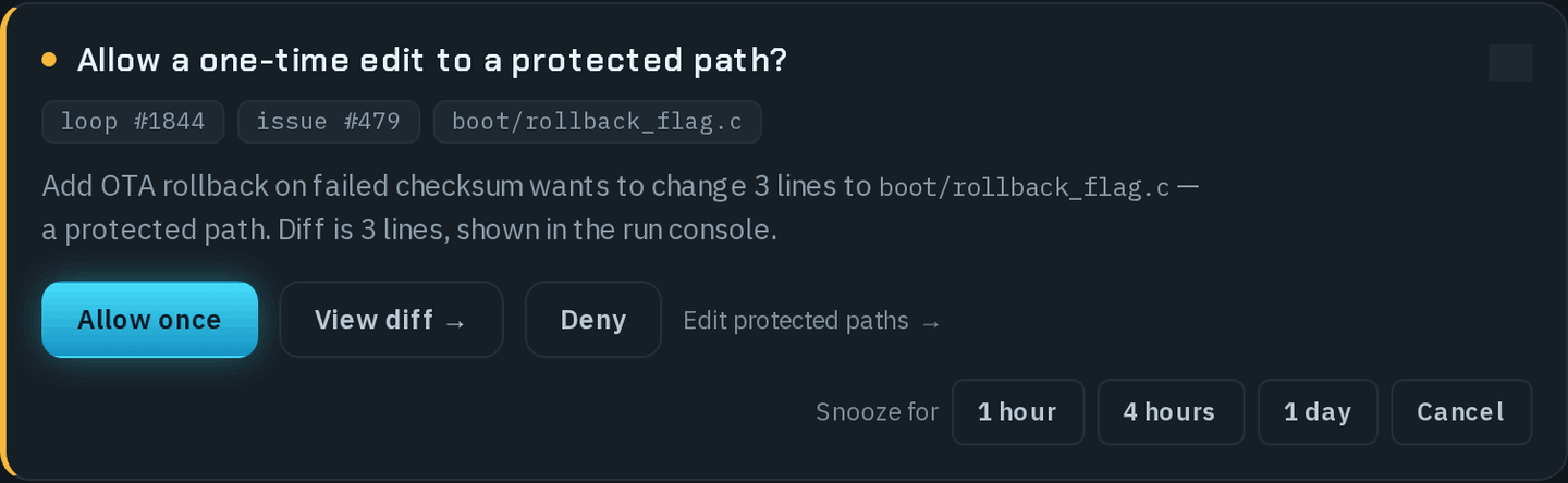 The same protected-path card after pressing Snooze: the Snooze button is replaced by Snooze for, with 1 hour, 4 hours, 1 day and Cancel.