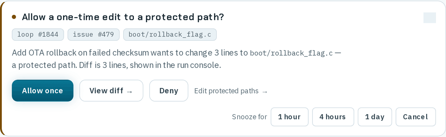 The same protected-path card after pressing Snooze: the Snooze button is replaced by Snooze for, with 1 hour, 4 hours, 1 day and Cancel.