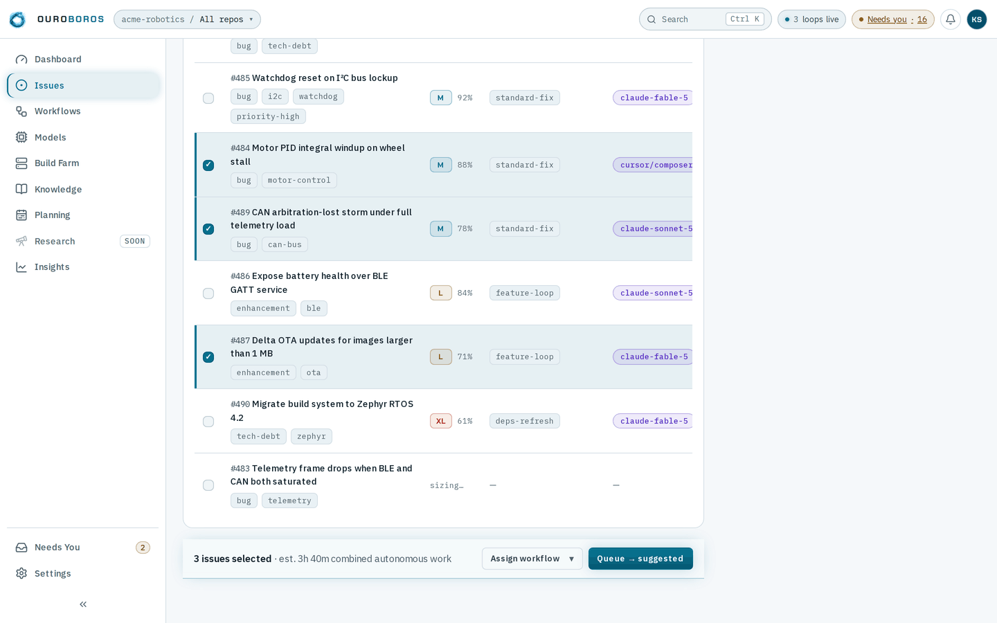 The backlog with #484, #489 and #487 ticked and, along the bottom, the selection bar reading 3 issues selected, est. 3h 40m combined autonomous work, with an Assign workflow menu button and a Queue → suggested button.