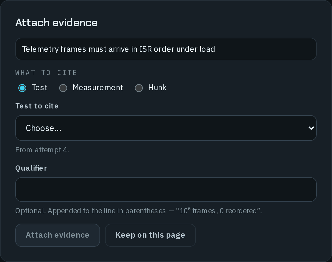 The Attach evidence dialog for the claim Telemetry frames must arrive in ISR order under load: What to cite with Test selected and Measurement and Hunk beside it, a Test to cite list from attempt 4, an optional Qualifier, and the Attach evidence and Keep on this page buttons.
