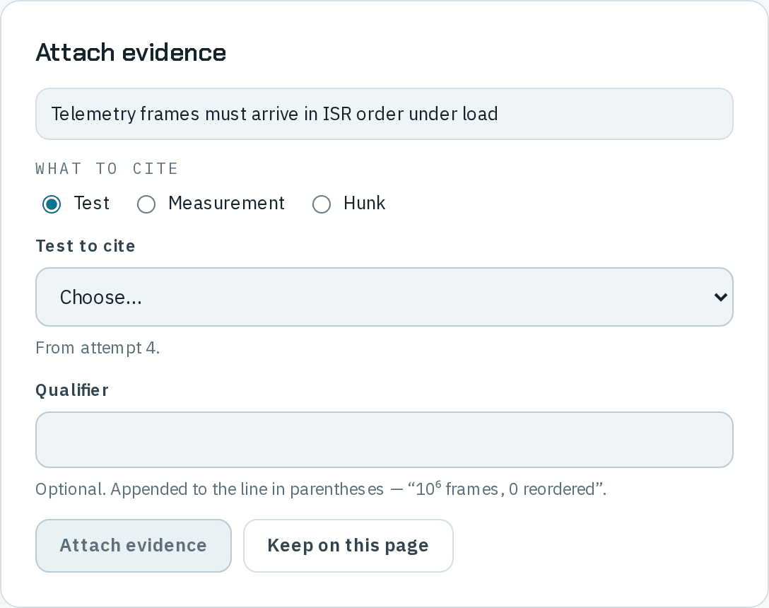 The Attach evidence dialog for the claim Telemetry frames must arrive in ISR order under load: What to cite with Test selected and Measurement and Hunk beside it, a Test to cite list from attempt 4, an optional Qualifier, and the Attach evidence and Keep on this page buttons.