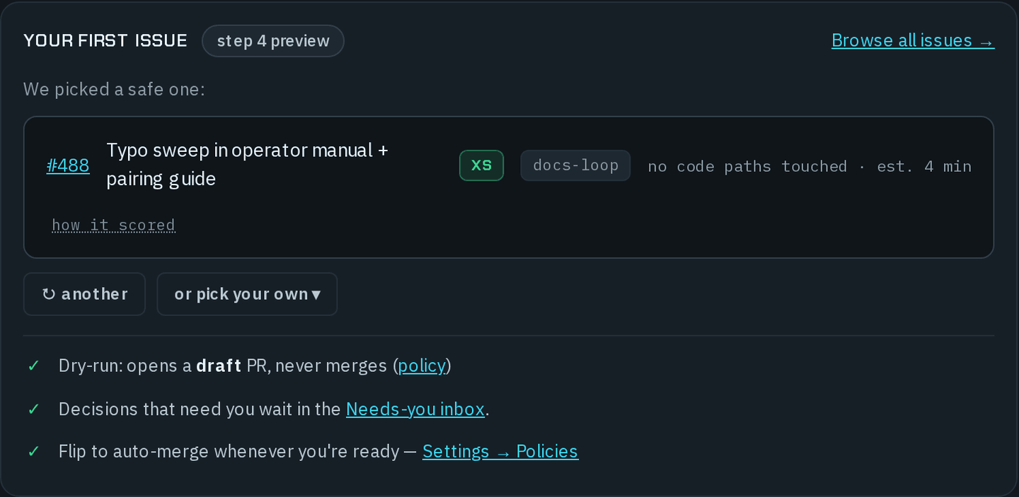The Your first issue card showing the picked issue with its effort, workflow and estimated minutes, the buttons to pick another, and the safety list.