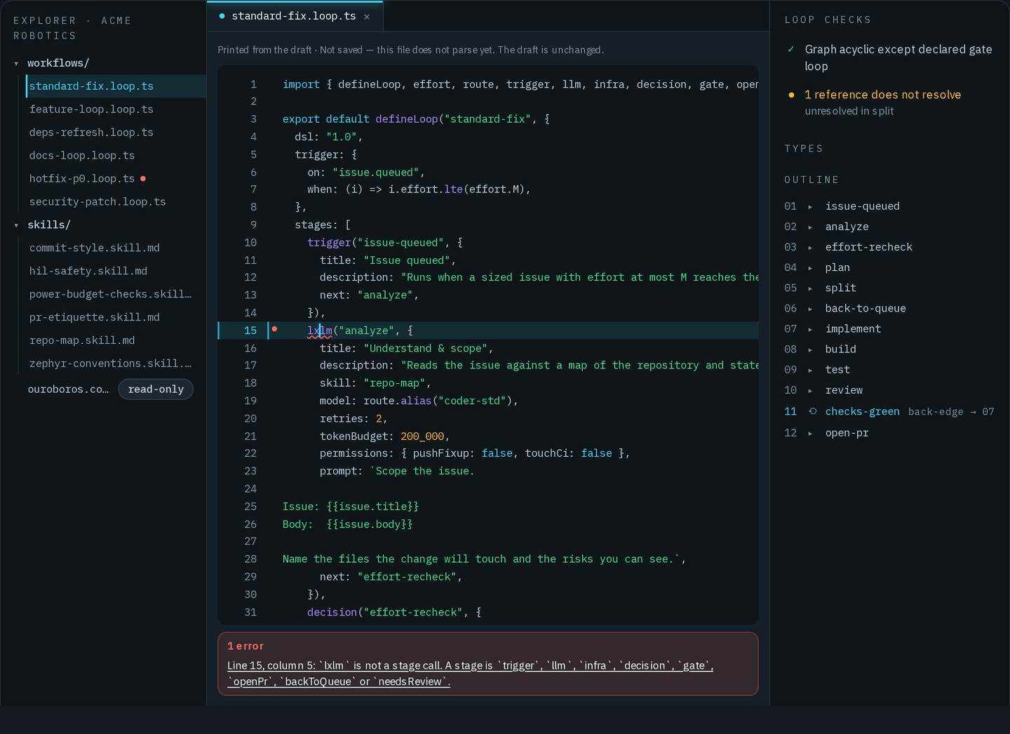 The code workbench after a stage call was mistyped as lxlm: the word is underlined in red with a marker in the gutter, the line above the editor reads Not saved — this file does not parse yet. The draft is unchanged., and the strip below the editor counts 1 error with the message Line 15, column 5: lxlm is not a stage call, and lists the stage calls the DSL knows.