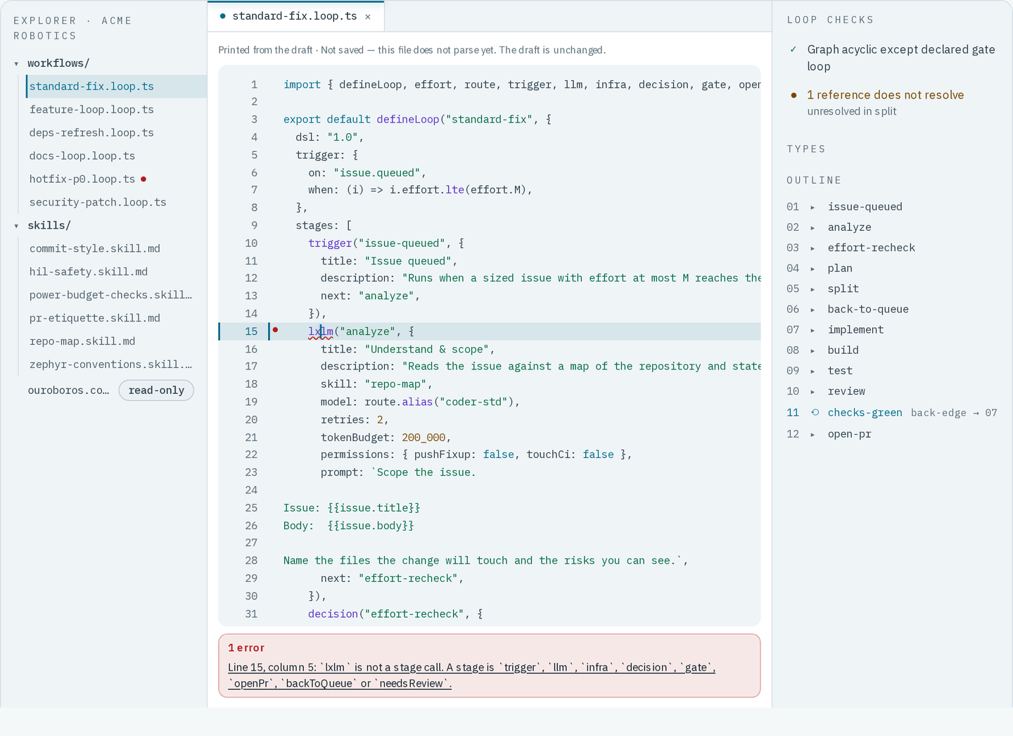 The code workbench after a stage call was mistyped as lxlm: the word is underlined in red with a marker in the gutter, the line above the editor reads Not saved — this file does not parse yet. The draft is unchanged., and the strip below the editor counts 1 error with the message Line 15, column 5: lxlm is not a stage call, and lists the stage calls the DSL knows.